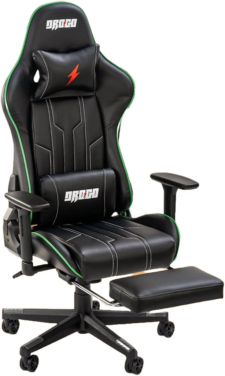 صندلی گیمینگ ارگونومیک DROGO Wrath Pro، صندلی بازی ویدیویی با دسته سه بعدی، زیرپایی و صندلی کامپیوتر/خانه، اداری قابل تنظیم، چرم PU، بالش سر و کمر با قابلیت تکیه دادن، مشکی/سبز | DGC004N
