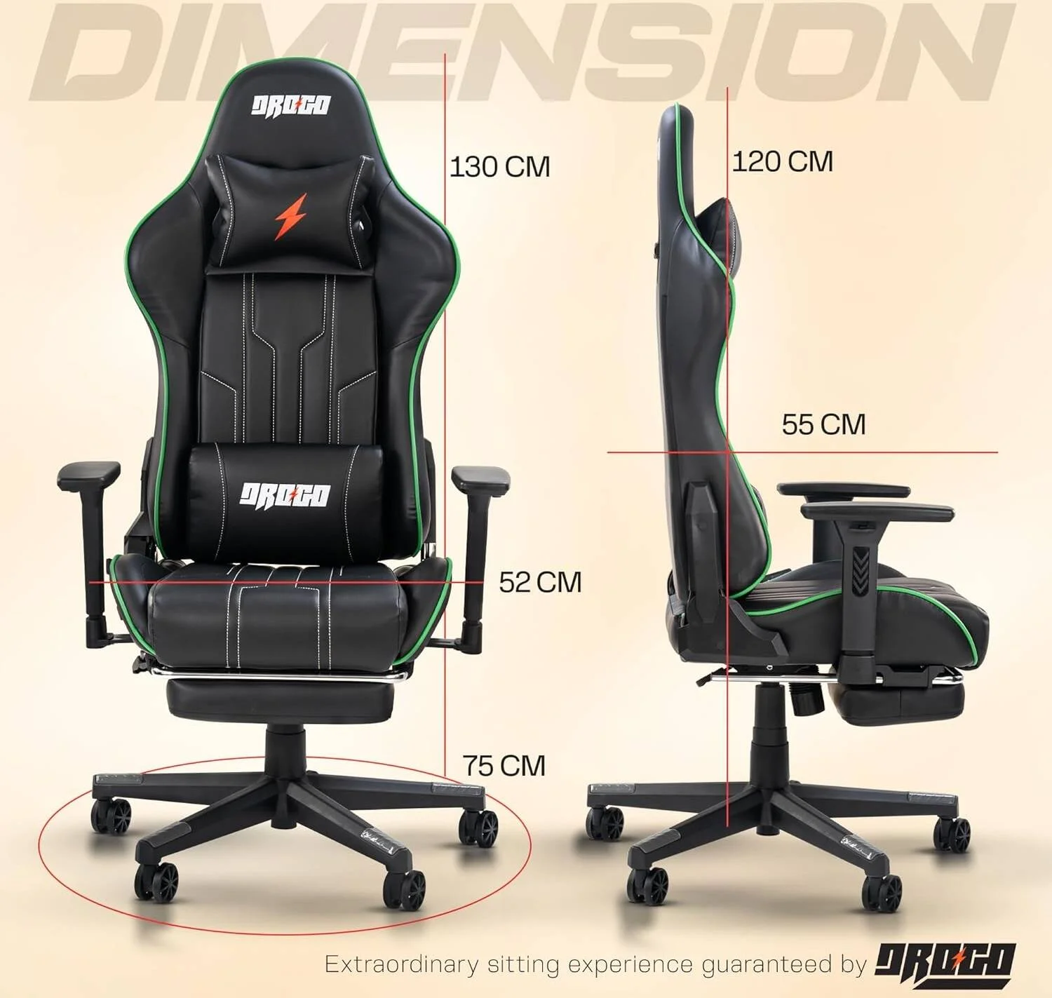 صندلی گیمینگ ارگونومیک DROGO Wrath Pro، صندلی بازی ویدیویی با دسته سه بعدی، زیرپایی و صندلی کامپیوتر/خانه، اداری قابل تنظیم، چرم PU، بالش سر و کمر با قابلیت تکیه دادن، مشکی/سبز | DGC004N