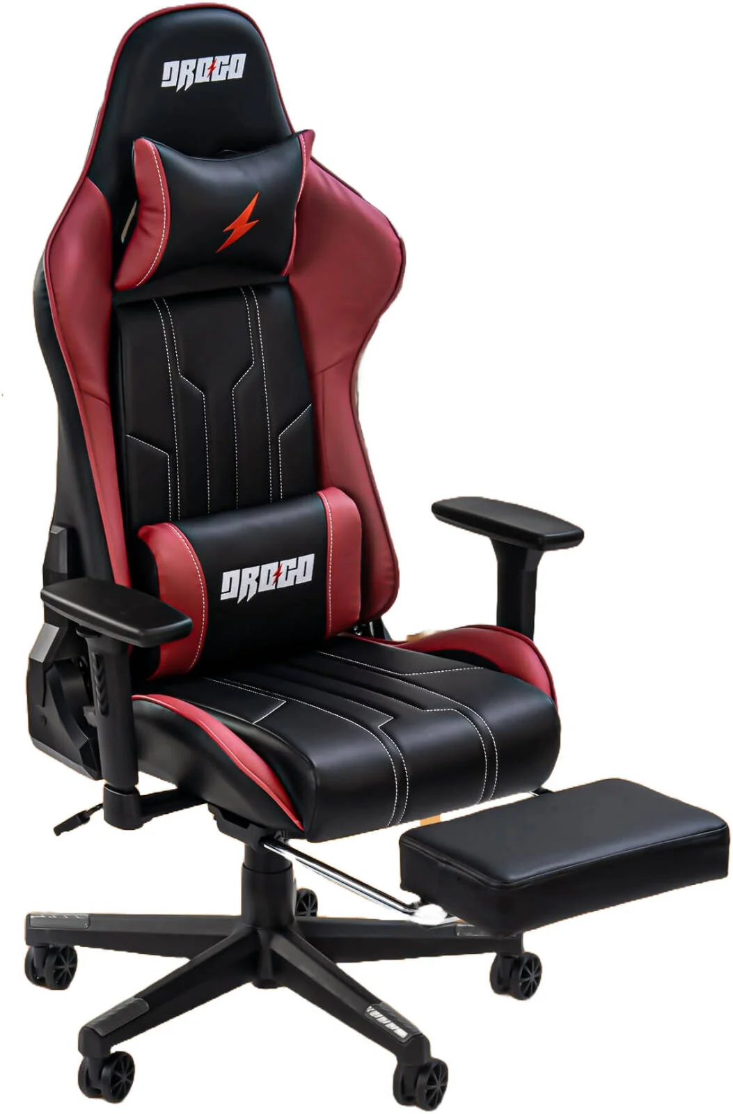 صندلی گیمینگ ارگونومیک DROGO Wrath Pro، صندلی بازی ویدیویی با دسته سه بعدی، زیرپایی و صندلی کامپیوتر/خانه، اداری قابل تنظیم، چرم PU، بالش سر و کمر با قابلیت تکیه دادن، مشکی/قرمز مارون | DGC004N