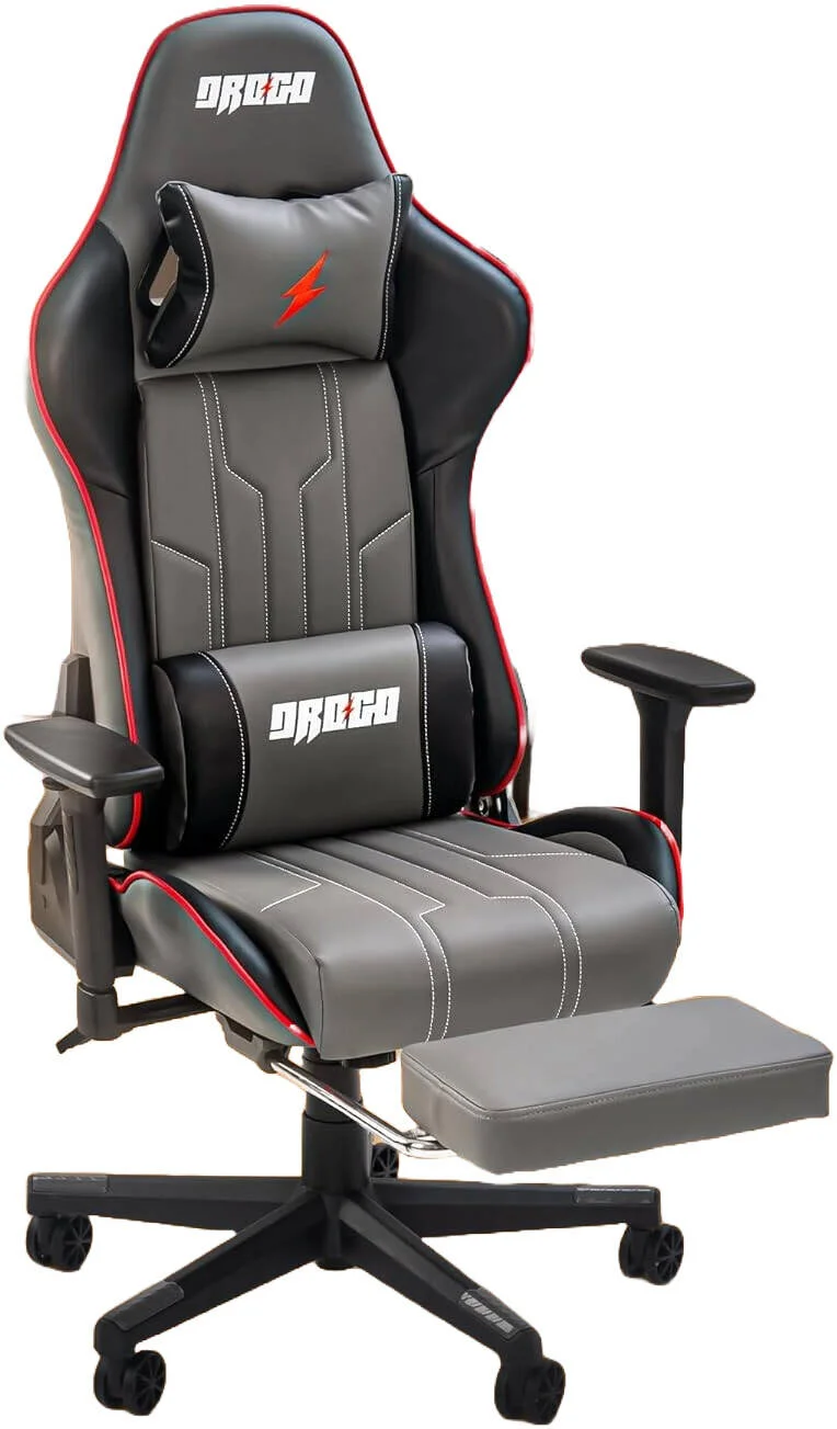 صندلی گیمینگ ارگونومیک DROGO Wrath Pro، صندلی بازی ویدیویی با دسته سه بعدی، زیرپایی و صندلی کامپیوتر/خانه و اداری قابل تنظیم، چرم PU، بالشتک سر و کمر با قابلیت تکیه دادن، مشکی/خاکستری | DGC004N