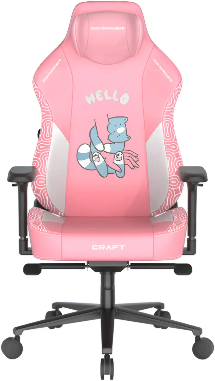 صندلی گیمینگ DXRacer Craft Pro Hello Human Cat Edition، پشتیبانی کمری یکپارچه 2D، دسته های 4D، تکیه گاه پشتی با قابلیت خم شدن 90 تا 135 درجه، فوم سرد، بزرگ، هیدرولیک کلاس 4، صورتی | GC/LCF23LTA/HUMANCAT