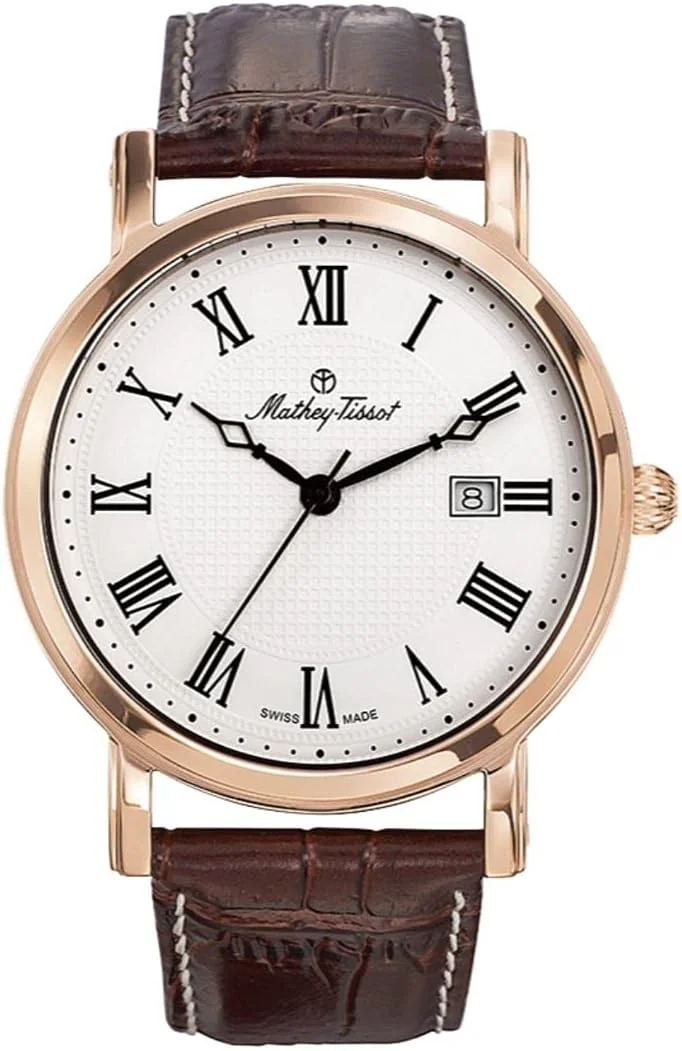 ساعت مچی مردانه متِی تیسو، صفحه سفید آنالوگ، بند قهوه ای، کلاسیک