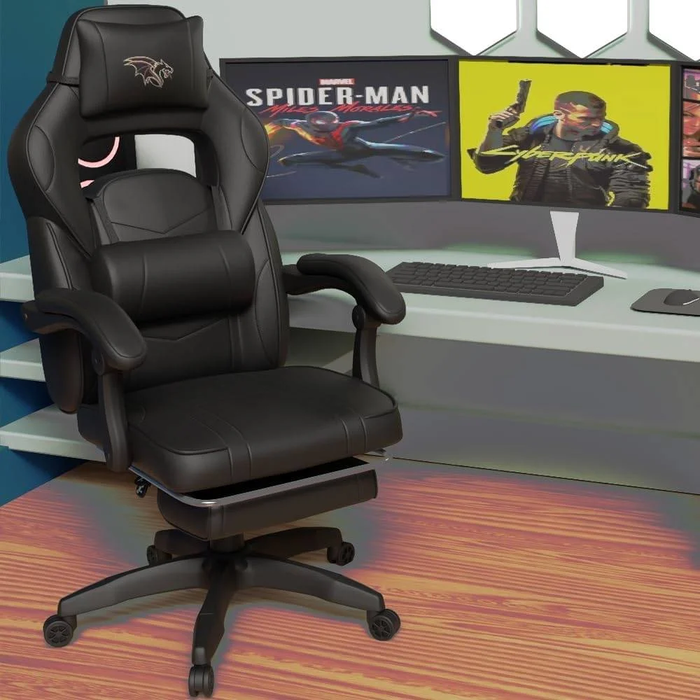 صندلی گیمینگ Mahmayi - مناسب برای بازی، طراحی ارگونومیک، ارتفاع قابل تنظیم، بالشتک های کمری، چرخان، زیرپایی، تنظیم شیب، چرخ های PU - تجربه و راحتی بازی خود را ارتقا دهید (مشکی)