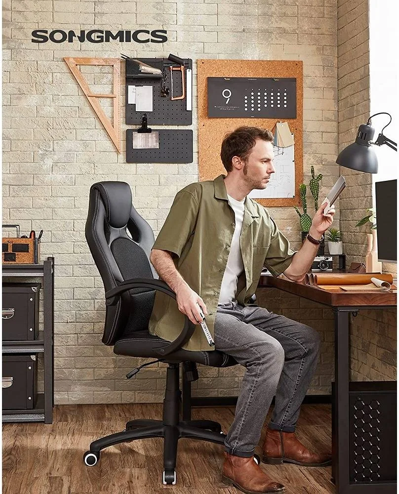 صندلی اداری Mahmayi Songmics، صندلی گیمینگ، صندلی میز، صندلی کامپیوتر، صندلی گردان با مکانیزم شیب، صندلی کار، تنظیم ارتفاع، مشکی | HYG-061-HB
