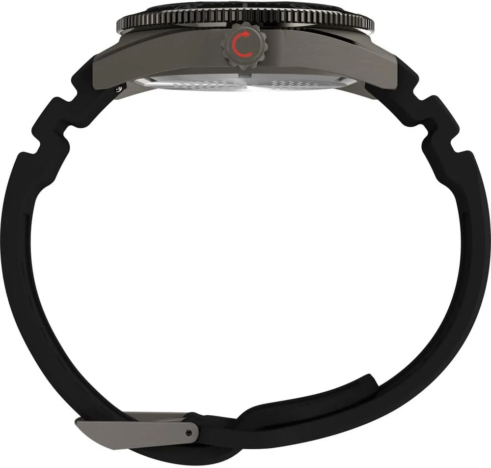 ساعت مردانه تایمکس DEEP WATER REEF، بدنه استیل ضد زنگ، بند رابر مصنوعی، موتور کوارتز خاکستری، صفحه مشکی، بند رابر مشکی با سگک، سگک معمولی، 5 ATM