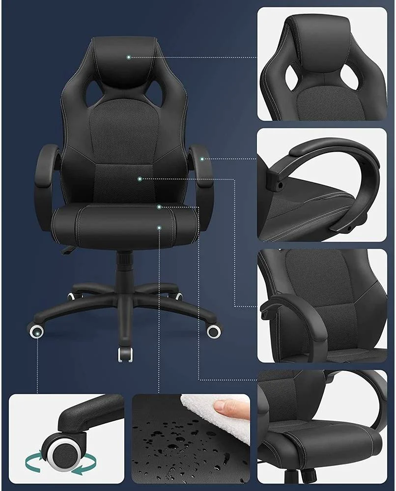 صندلی اداری Mahmayi Songmics، صندلی گیمینگ، صندلی میز، صندلی کامپیوتر، صندلی گردان با مکانیزم شیب، صندلی کار، تنظیم ارتفاع، مشکی | HYG-061-HB