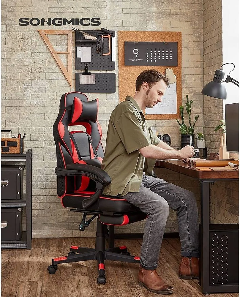 صندلی گیمینگ مسابقه ای Mahmayi Songmics، صندلی اداری قابل تنظیم با زیرپایی، طراحی ارگونومیک، مکانیزم شیب، تکیه گاه سر، پشتیبانی کمری، مشکی و قرمز | HYG-102-BLK/RED صندلی گیمینگ مسابقه ای Mahmayi Songmics، صندلی اداری قابل تنظیم با زیرپایی، طراحی ارگونومیک، مکانیزم شیب، تکیه گاه سر، پشتیبانی کمری، مشکی و قرمز | HYG-102-BLK/RED
