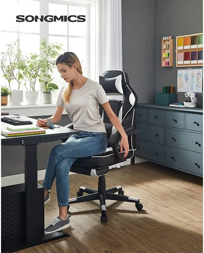 صندلی گیمینگ مسابقه ای Mahmayi Songmics، صندلی اداری قابل تنظیم با زیرپایی، طراحی ارگونومیک، مکانیزم شیب، تکیه گاه سر، پشتیبانی کمری، مشکی و سفید | HYG-102-BLK/WHT صندلی گیمینگ مسابقه ای Mahmayi Songmics، صندلی اداری قابل تنظیم با زیرپایی، طراحی ارگونومیک، مکانیزم شیب، تکیه گاه سر، پشتیبانی کمری، مشکی و سفید | HYG-102-BLK/WHT