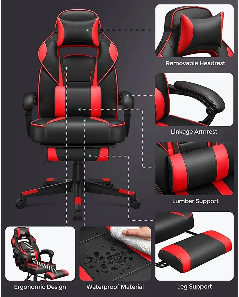 صندلی گیمینگ مسابقه ای Mahmayi Songmics، صندلی اداری قابل تنظیم با زیرپایی، طراحی ارگونومیک، مکانیزم شیب، تکیه گاه سر، پشتیبانی کمری، مشکی و قرمز | HYG-102-BLK/RED صندلی گیمینگ مسابقه ای Mahmayi Songmics، صندلی اداری قابل تنظیم با زیرپایی، طراحی ارگونومیک، مکانیزم شیب، تکیه گاه سر، پشتیبانی کمری، مشکی و قرمز | HYG-102-BLK/RED