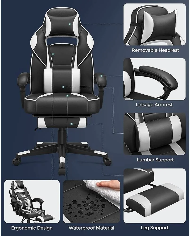 صندلی گیمینگ مسابقه ای Mahmayi Songmics، صندلی اداری قابل تنظیم با زیرپایی، طراحی ارگونومیک، مکانیزم شیب، تکیه گاه سر، پشتیبانی کمری، مشکی و سفید | HYG-102-BLK/WHT صندلی گیمینگ مسابقه ای Mahmayi Songmics، صندلی اداری قابل تنظیم با زیرپایی، طراحی ارگونومیک، مکانیزم شیب، تکیه گاه سر، پشتیبانی کمری، مشکی و سفید | HYG-102-BLK/WHT