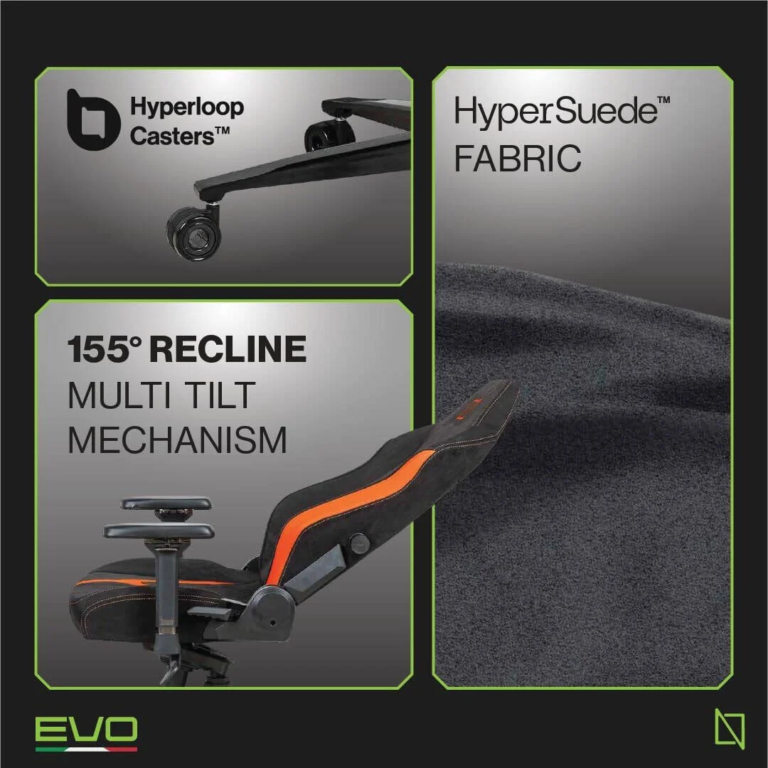 صندلی گیمینگ پشتی بلند Navodesk Apex Pro Evo Series، دسته های فلزی قابل تعویض MAG 4D، پشتیبانی کمری 4 طرفه، هیدرولیک کلاس 4، تکیه گاه 155 درجه، پارچه HyperSuede، نارنجی آتشین | APEXPRO-EVO-FLO