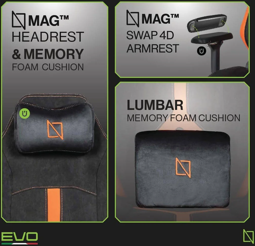 صندلی گیمینگ پشتی بلند Navodesk Apex Pro Evo Series، دسته های فلزی قابل تعویض MAG 4D، پشتیبانی کمری 4 طرفه، هیدرولیک کلاس 4، تکیه گاه 155 درجه، پارچه HyperSuede، نارنجی آتشین | APEXPRO-EVO-FLO