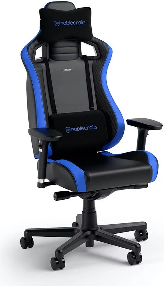 صندلی گیمینگ فشرده نوبل چیرز EPIC، چرم PU، دسته های سه بعدی و عمق صندلی قابل تنظیم، تکیه گاه تا 112 درجه، حداکثر بار 120 کیلوگرم، پشتیبانی کمری، چرخ ها، مشکی/کربن/آبی | 65459