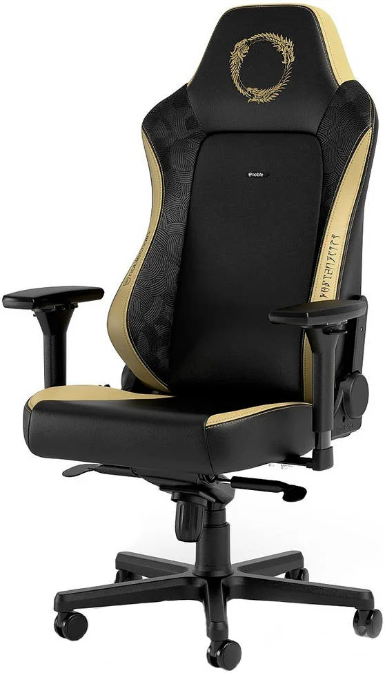 صندلی گیمینگ چرمی مصنوعی نوبل چیرز HERO نسخه The Elder Scrolls Online، دسته 4D، پشتیبانی قابل تنظیم کمر، تحمل وزن تا 150 کیلوگرم، چرخ های 60 میلی متری، مشکی-طلایی | 4251442504915 صندلی گیمینگ چرمی مصنوعی نوبل چیرز HERO نسخه The Elder Scrolls Online، دسته 4D، پشتیبانی قابل تنظیم کمر، تحمل وزن تا 150 کیلوگرم، چرخ های 60 میلی متری، مشکی-طلایی | 4251442504915
