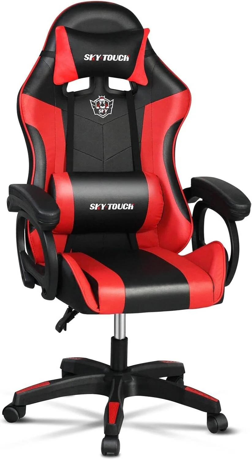 صندلی گیمینگ ارگونومیک Sky Touch، صندلی گیمر پشتی بلند چرمی PU با تکیه گاه بازوهای پد دار، تکیه گاه سر، طراحی ارگونومیک پشتیبانی کمری، چرخ های گردان، مشکی / قرمز صندلی گیمینگ ارگونومیک Sky Touch، صندلی گیمر پشتی بلند چرمی PU با تکیه گاه بازوهای پد دار، تکیه گاه سر، طراحی ارگونومیک پشتیبانی کمری، چرخ های گردان، مشکی / قرمز