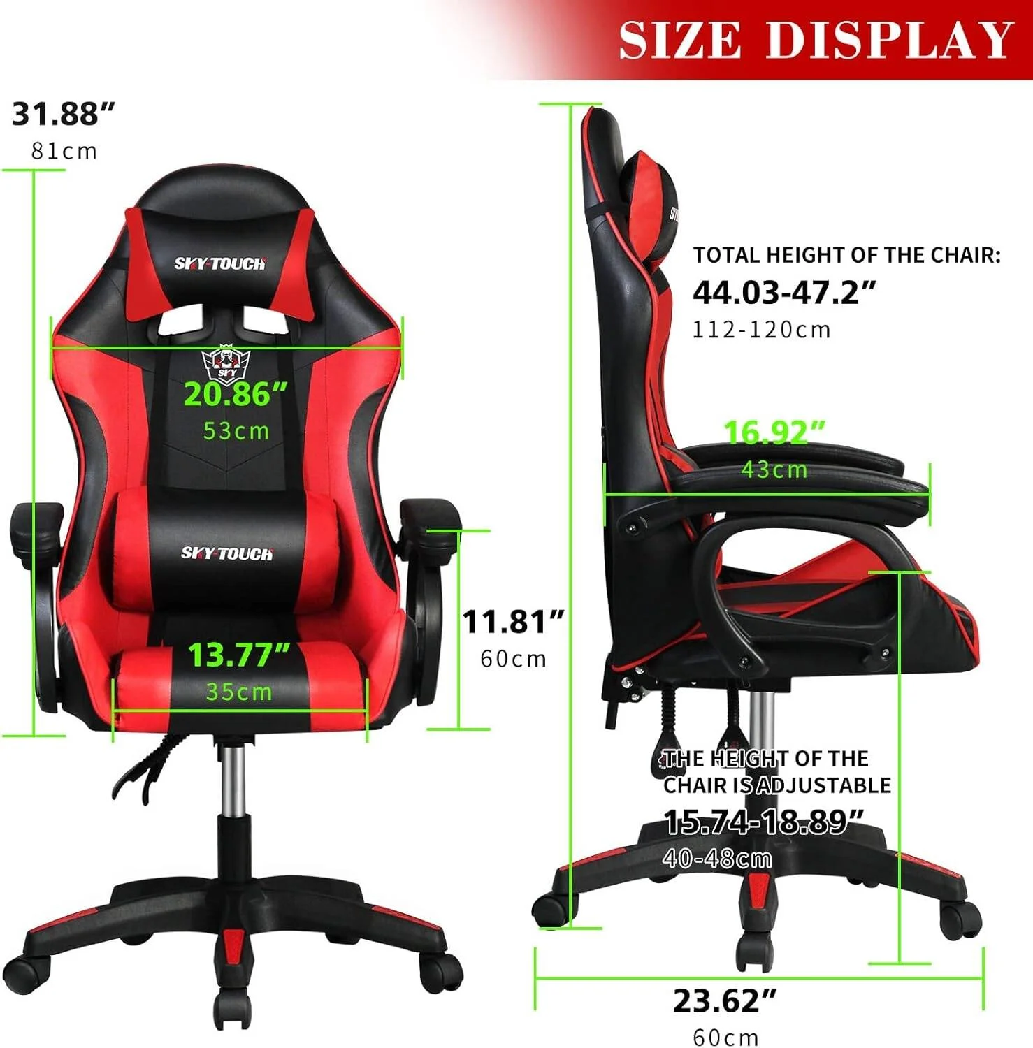 صندلی گیمینگ ارگونومیک Sky Touch، صندلی گیمر پشتی بلند چرمی PU با تکیه گاه بازوهای پد دار، تکیه گاه سر، طراحی ارگونومیک پشتیبانی کمری، چرخ های گردان، مشکی / قرمز