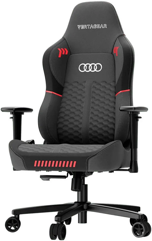 صندلی گیمینگ Vertagear SL3800 Audi Edition، دارای ContourMax Lumbar، VertaAir Seat، پارچه HygennX، ظرفیت وزنی تا 100 کیلوگرم / 220 پوند، قد تا 5' 10 اینچ / 178 سانتی متر، مشکی | VG-SL3800SE_AUDI