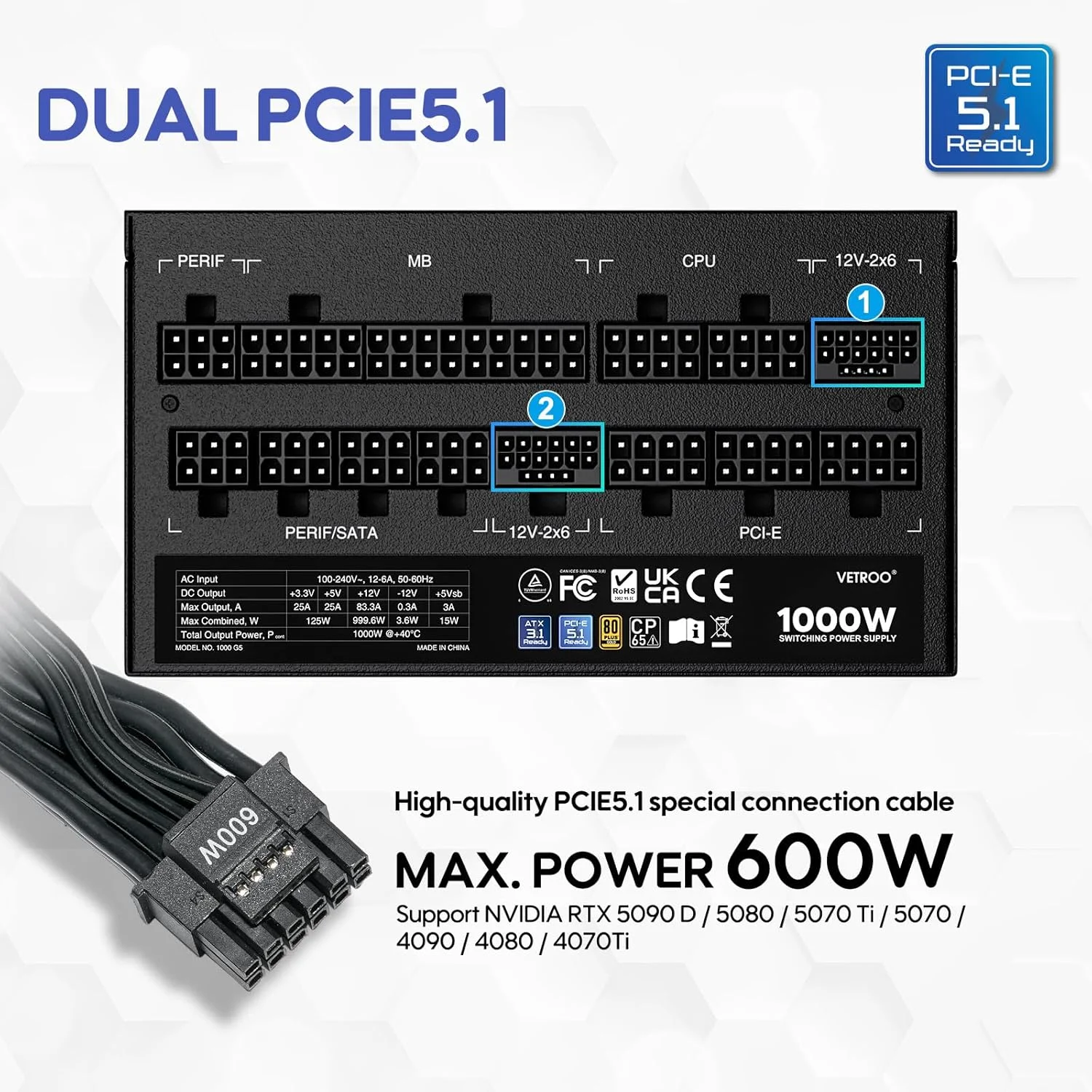 منبع تغذیه 1000 واتی مشکی Vetroo، آماده ATX 3.1، دارای دو PCIe 5.1، دارای گواهینامه 80 Plus Gold، کاملاً ماژولار، حالت Eco با فن 120 میلیمتری FDB، اندازه جمع و جور برای رایانه شخصی گیمینگ منبع تغذیه 1000 واتی مشکی Vetroo، آماده ATX 3.1، دارای دو PCIe 5.1، دارای گواهینامه 80 Plus Gold، کاملاً ماژولار، حالت Eco با فن 120 میلیمتری FDB، اندازه جمع و جور برای رایانه شخصی گیمینگ