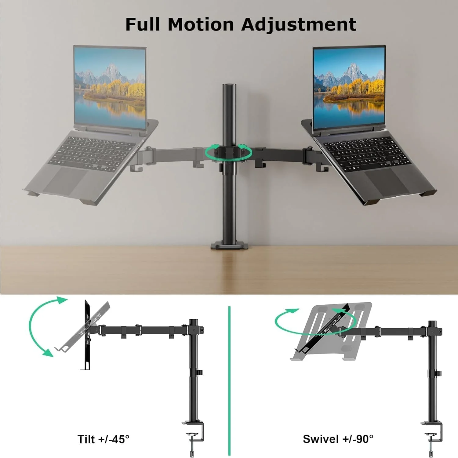 پایه رومیزی لپ‌تاپ با سینی تهویه دار قابل تنظیم، پایه نگهدارنده لپ‌تاپ با حرکت کامل، تا 8 کیلوگرم را تحمل می‌کند، مناسب برای لپ‌تاپ‌های تا 17 اینچ، کاملا قابل تنظیم، نصب گیره/حلقه