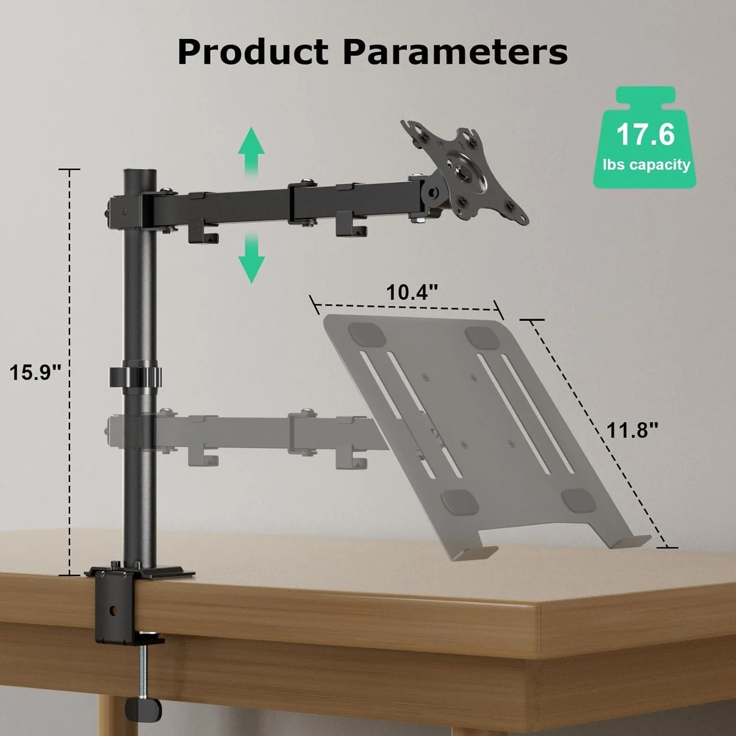 پایه رومیزی لپ‌تاپ با سینی تهویه دار قابل تنظیم، پایه نگهدارنده لپ‌تاپ با حرکت کامل، تا 8 کیلوگرم را تحمل می‌کند، مناسب برای لپ‌تاپ‌های تا 17 اینچ، کاملا قابل تنظیم، نصب گیره/حلقه