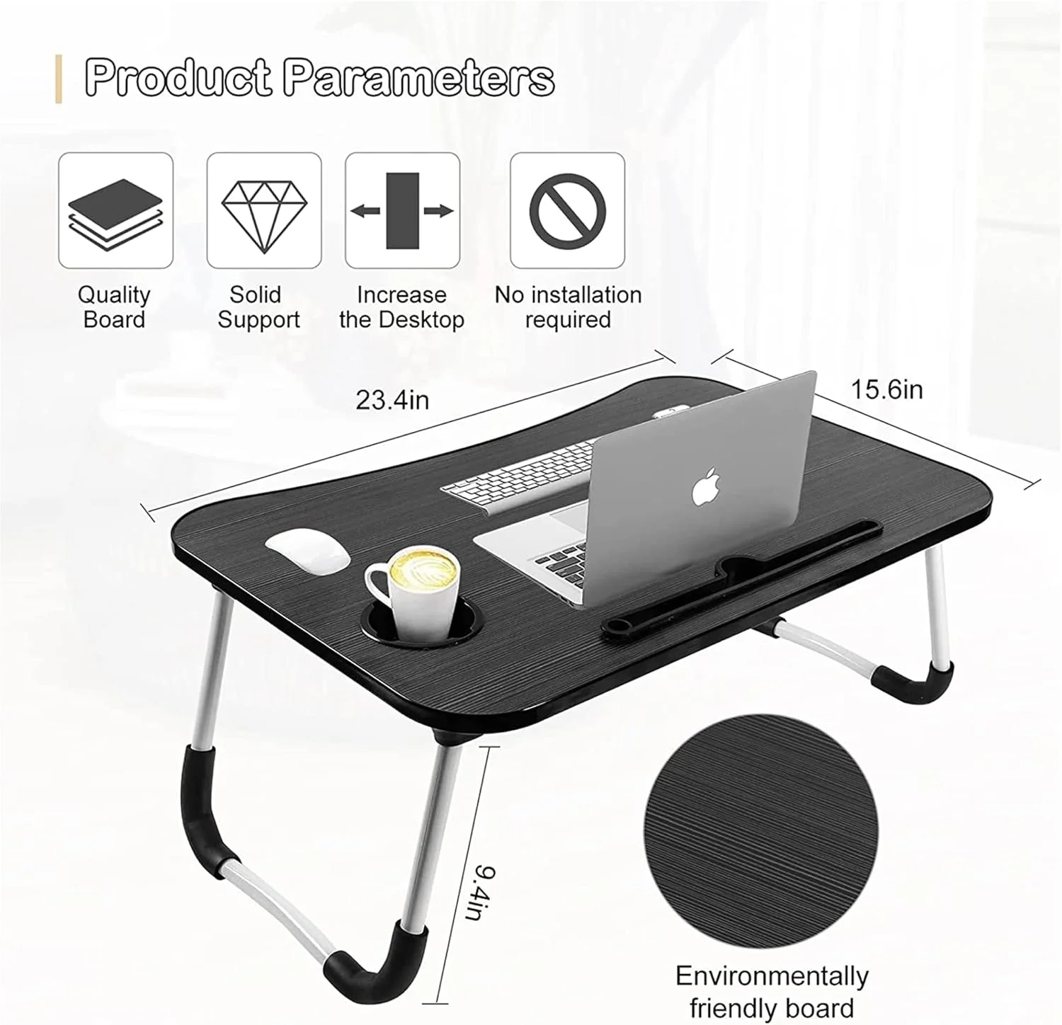میز لپ‌تاپ تاشو قابل حمل سولفر برای تخت، با جای آیپد و لیوان، سینی لپ‌تاپ قابل تنظیم، میز تاشو با پایه‌های ضد لغزش برای کار، مطالعه، کمپینگ 60x40x28 سانتی‌متر مشکی