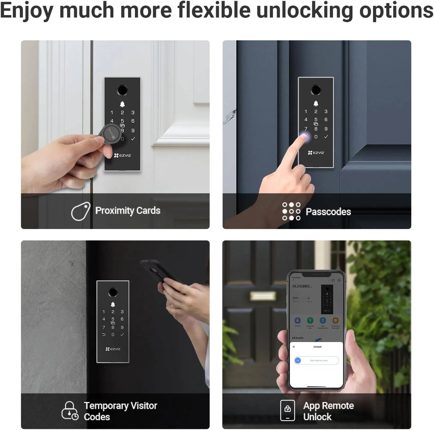 قفل ریم هوشمند EZVIZ DL03 PRO، دارای بلوتوث و وای فای، ورود بدون کلید چندگانه، کنترل از راه دور، هشدارهای ضد دستکاری، نصب آسان، ویژگی های امنیتی پیشرفته | CS-DL03-R100-WBCP-GR(O-STD)