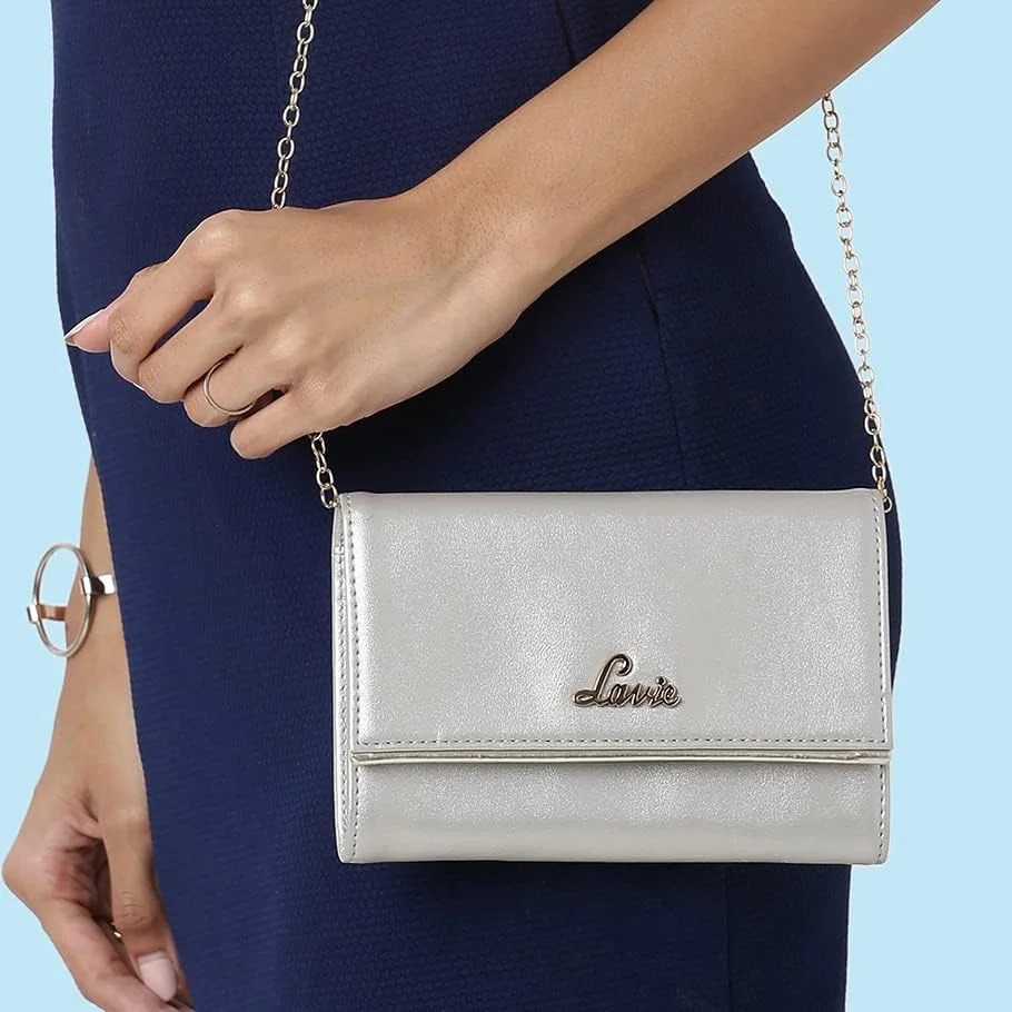 کیف کلاچ کوچک زنانه لاوی با قاب تاشو | بند زنجیری جداشدنی | کیف پول زنانه