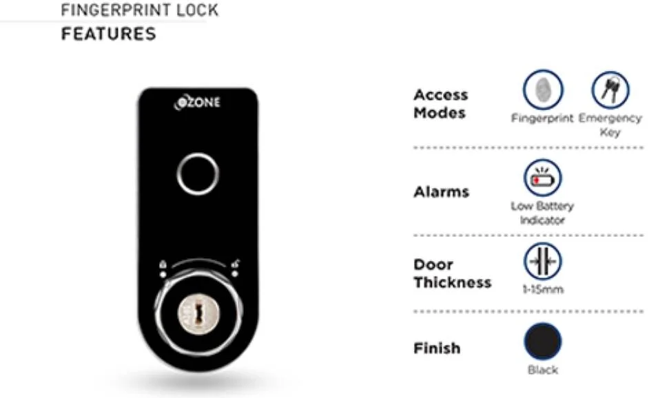 قفل کابینت اوزون، مستطیلی و کاربردی، دسترسی با اثر انگشت و کلید، سیستم قفل دستی، قفل هوشمند مبلمان، مشکی | OZFL-302-FK