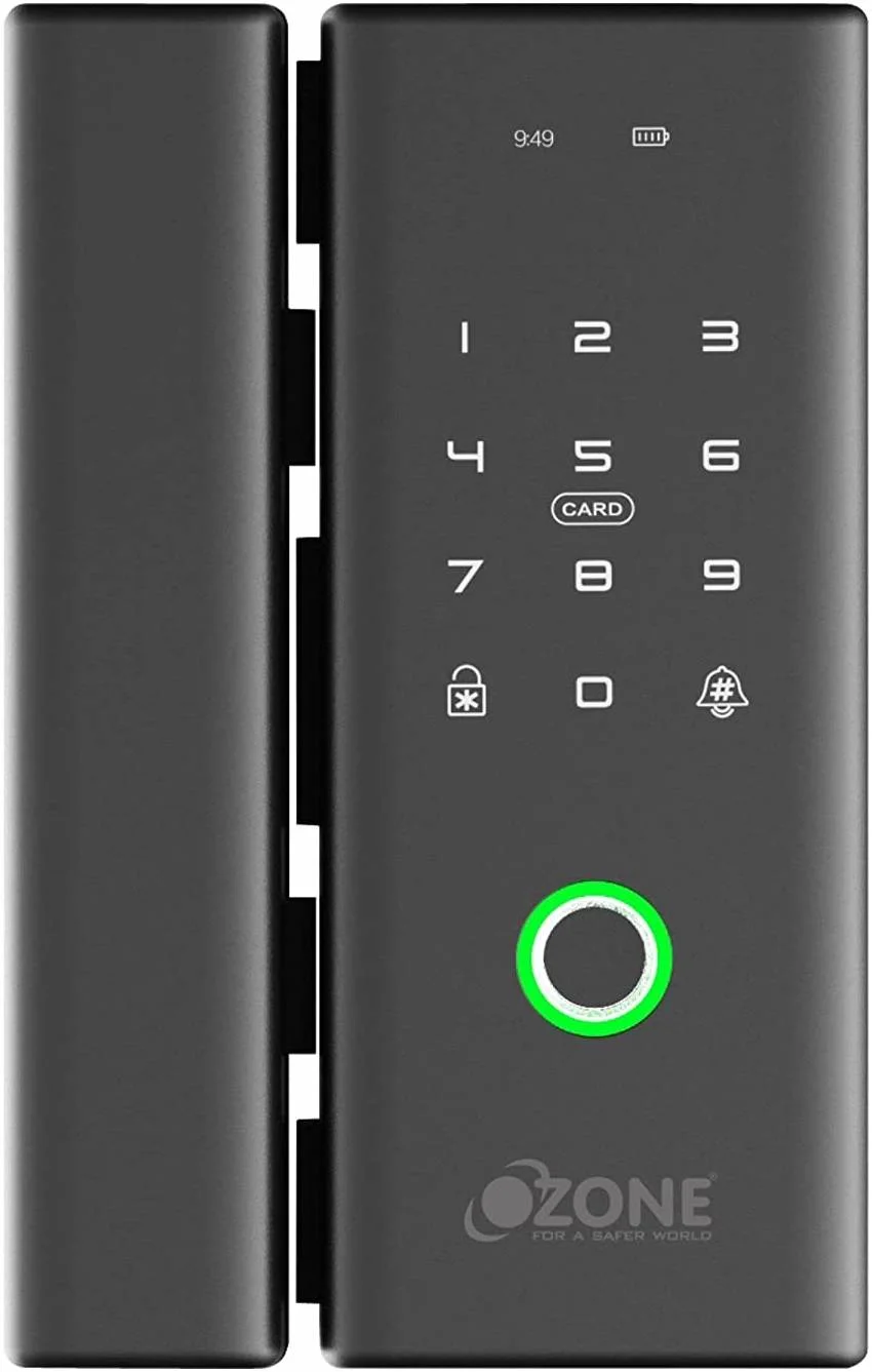 قفل هوشمند درب شیشه ای اوزون، 4 روش دسترسی: اپلیکیشن موبایل / اثر انگشت / کارت RFID / کد پین کاربر، سیستم قفل خودکار، حالت عبور، بدون نیاز به برش، مشکی | OZ-FGL-LIFE G2G
