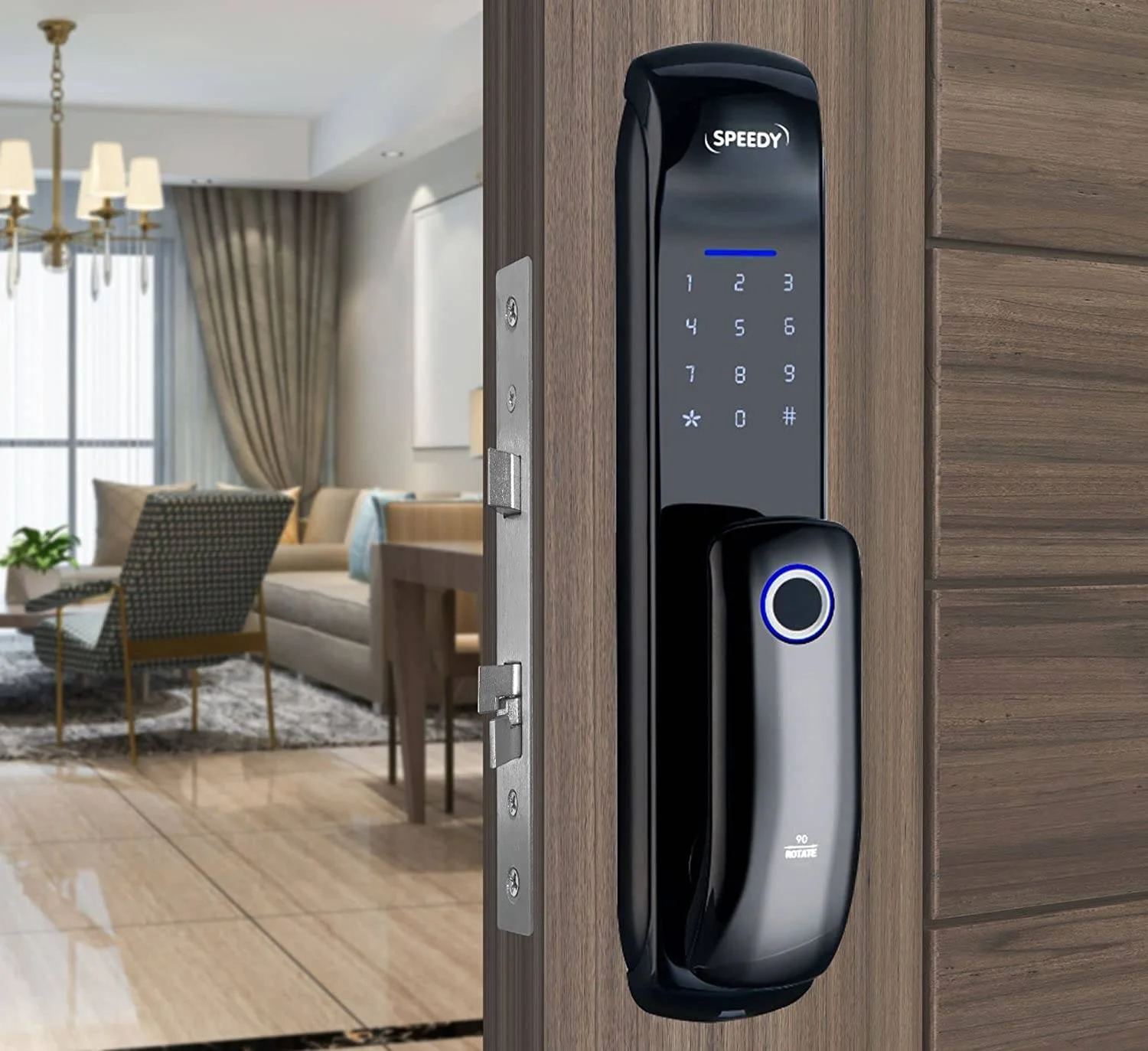 قفل هوشمند درب با طراحی کششی-فشاری اوزون، رمز عبور ضد سرقت، انجماد هوشمند، USB برای پشتیبان گیری باتری، تنظیم صدا، ترکیب اعداد 8 تا 15 رقمی، باتری آلکالاین AA، مشکی | OZ-FDL-05 Life Std