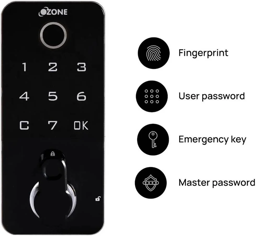 قفل دیجیتال هوشمند مبلمان/کابینت اوزون، با گزینه اثر انگشت/رمز عبور و کلید، مناسب برای ضخامت 18-20 میلی متر، نشانگر باتری کم، مشکی | OZFL-102-FPK