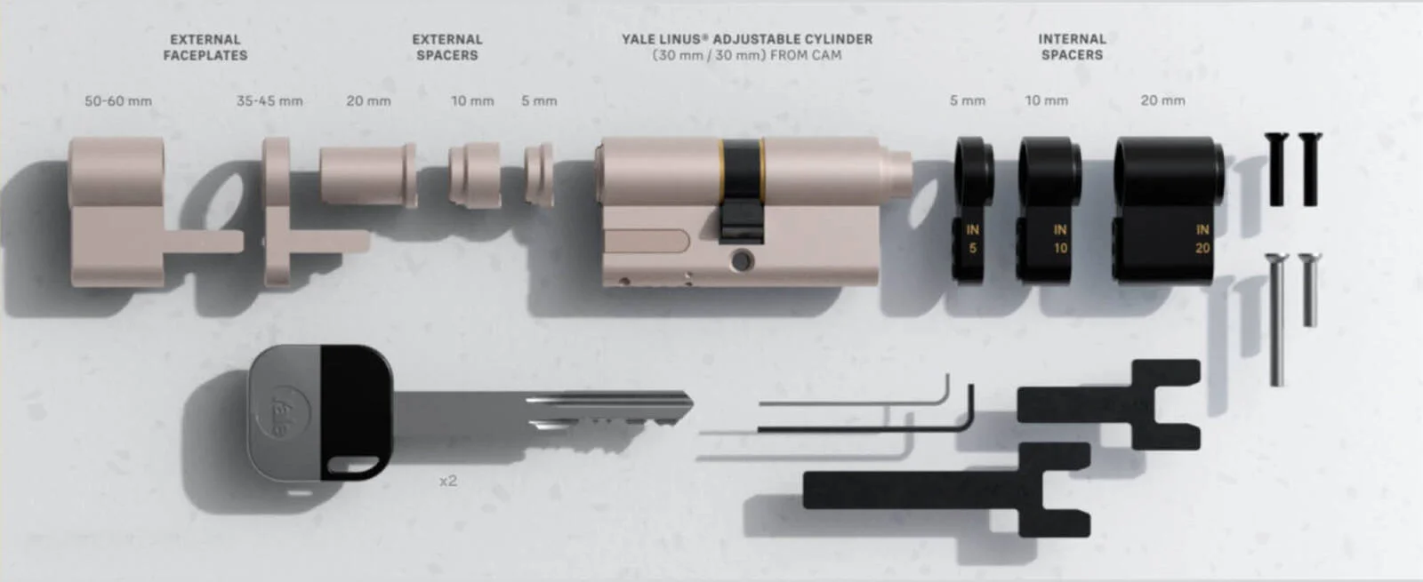 سیلندر قابل تنظیم Yale Linus®، جایگزینی جهانی برای سیلندرهای پروفیل یورو قفل های هوشمند Linus با ویژگی های امنیتی ضد بازکردن قفل، ضد سوراخ کاری و ضد کشش، طول قابل تنظیم | 05/501000/SN