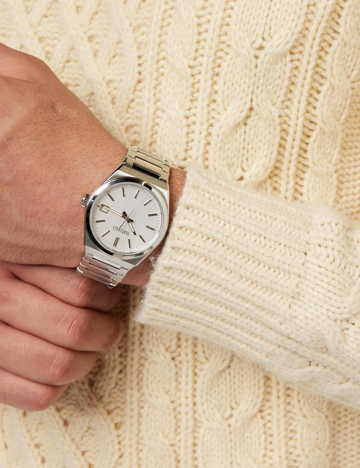 ساعت مچی مردانه سیکو مدل SUR553P با صفحه سفید و بند استیل ضد زنگ، سفید، مدرن