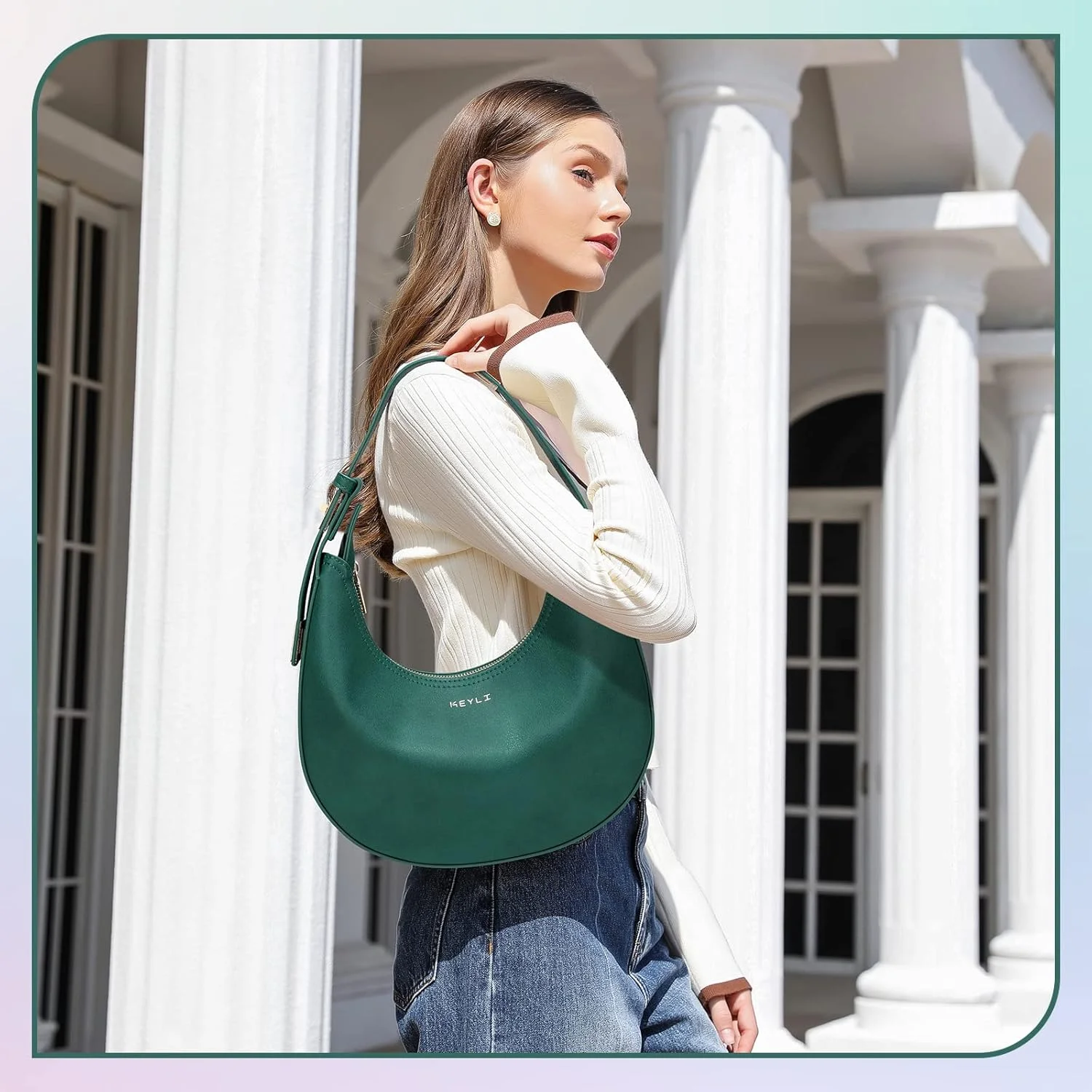 کیف دستی کوچک چرمی ضد آب زنانه Keyli، کیف های دستی شیک با زیپ و دسته بالایی، کیف های کوچک، کیف های دستی زیبا با بند قابل تنظیم، سبز