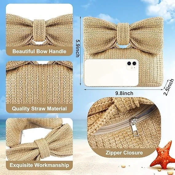 کیف دستی پاپیونی حصیری زنانه KASTWAVE، کیف کلاچ بافتنی تابستانی، کیف ساحلی تعطیلات، کیف دستی مجلسی عروسی، مدل جدید 2024