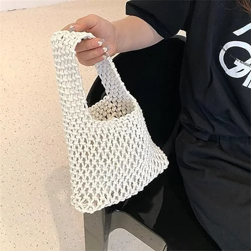 کیف دستی بافتنی زنانه، کیف ساحلی قلاب بافی پنبه ای دست ساز با بند کشی، کیف دستی کوچک تابستانی با کیف داخلی، کیف سطلی توری بوهو برای تعطیلات، پیک نیک، مهمانی (بژ)