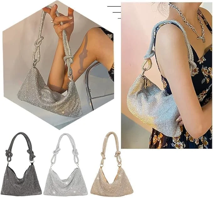 کیف دستی زنانه نگین دار KASTWAVE، کیف کلاچ طلایی، کیف شب، کیف پول نگین دار درخشان، کیف کلاچ الماس دار برای مهمانی، کیف شب عروس