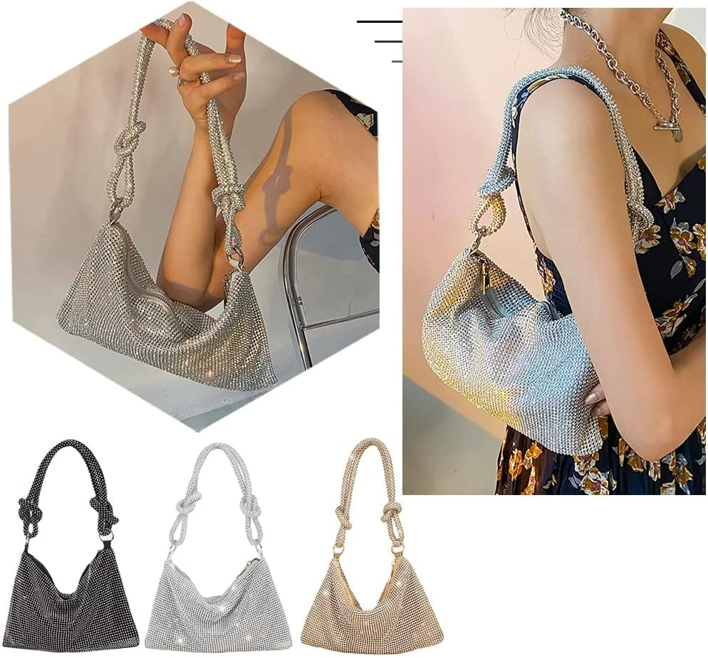 کیف دستی زنانه مجلسی طلایی با تزیینات نگین‌دار، کیف کلاچ شب درخشان و کیف دستی نگین‌دار برای مهمانی و عروسی