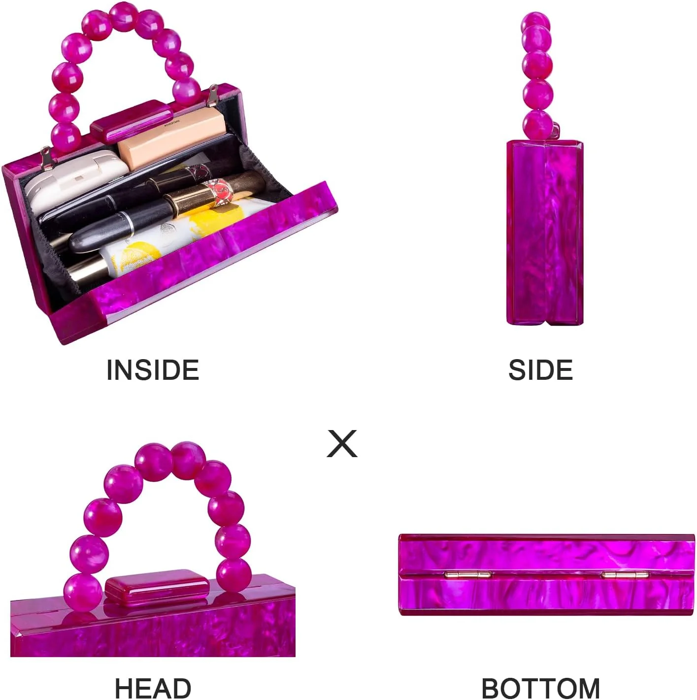 کیف دستی اکریلیک جسی، کیف کلاچ مجلسی، کیف دستی طرح سنگ مرمر زنانه، کیف دوشی با زنجیر مرواریدی مناسب مهمانی عروسی و جشن (صورتی رز)