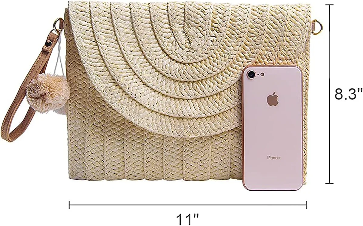 کیف دستی حصیری KASTWAVE، کیف کلاچ حصیری زنانه، کیف ساحلی تابستانی، کیف پول پاکتی، کیف دستی بافته شده