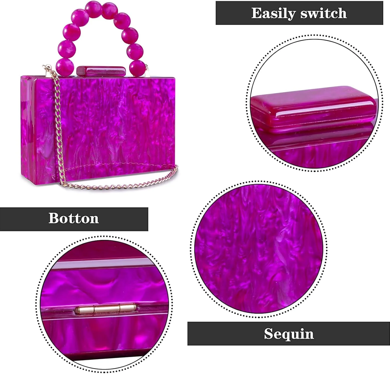 کیف دستی اکریلیک جسی، کیف کلاچ مجلسی، کیف دستی طرح سنگ مرمر زنانه، کیف دوشی با زنجیر مرواریدی مناسب مهمانی عروسی و جشن (صورتی رز)