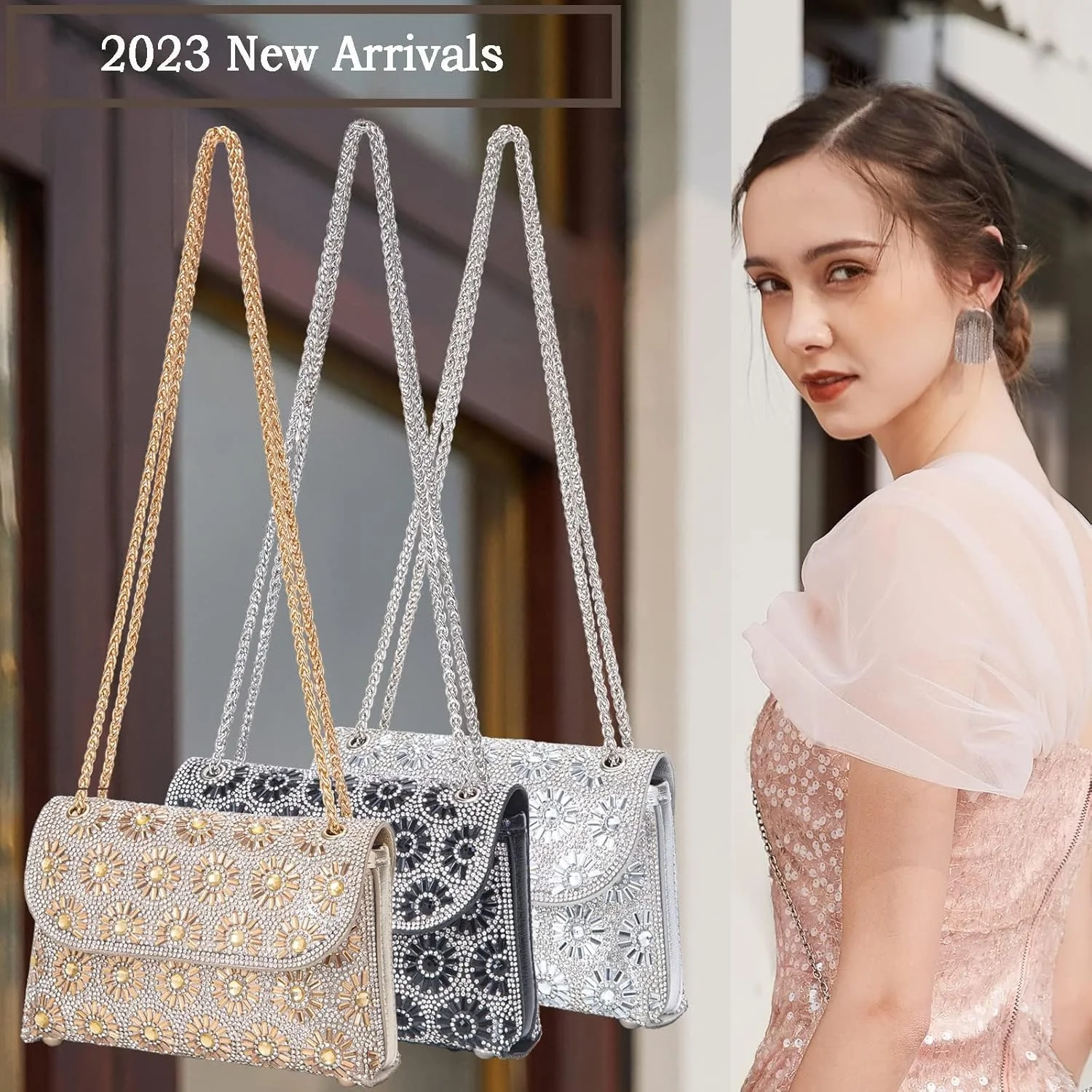 کیف مجلسی زنانه KASTWAVE، کیف دوشی، کیف دستی، کیف شب زنانه نگین دار با زنجیر