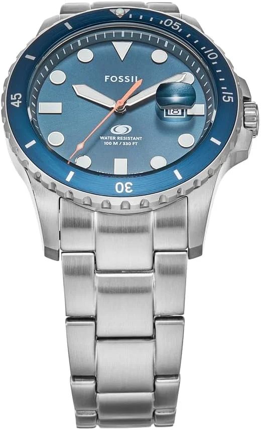 ساعت مچی سه عقربه مردانه فسیل با صفحه کوارتز آبی و بدنه استیل ضد زنگ، رنگ: نقره‌ای/آبی اقیانوسی (مدل: FS6050)