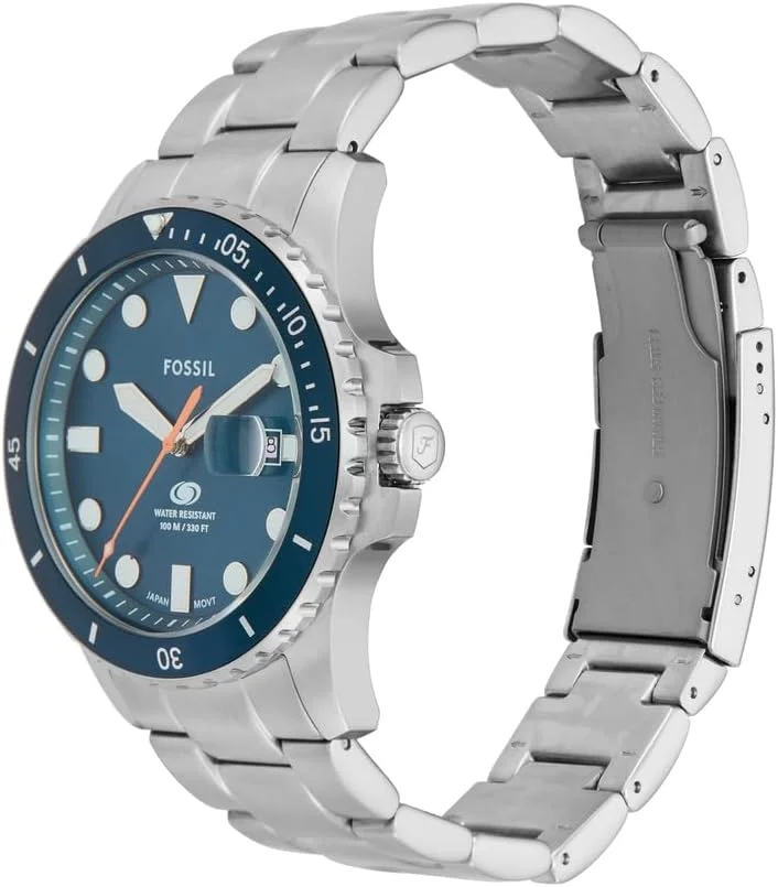 ساعت مچی سه عقربه مردانه فسیل با صفحه کوارتز آبی و بدنه استیل ضد زنگ، رنگ: نقره‌ای/آبی اقیانوسی (مدل: FS6050)