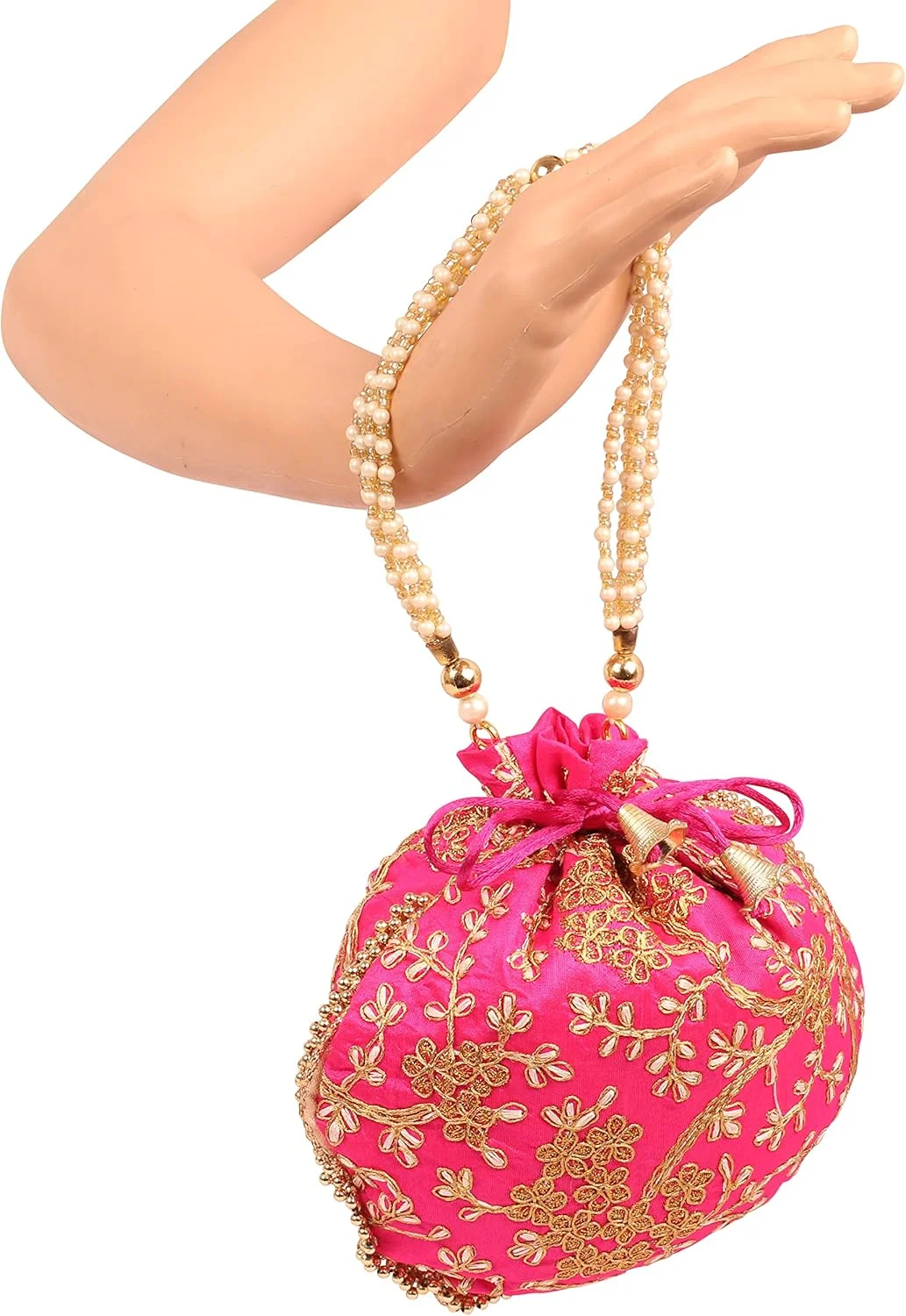 کیف دستی مجلسی زنانه با گلدوزی دستی و منجوق دوزی، مناسب مهمانی، عروسی، هدیه، رنگ صورتی سرخابی، طلایی و مروارید