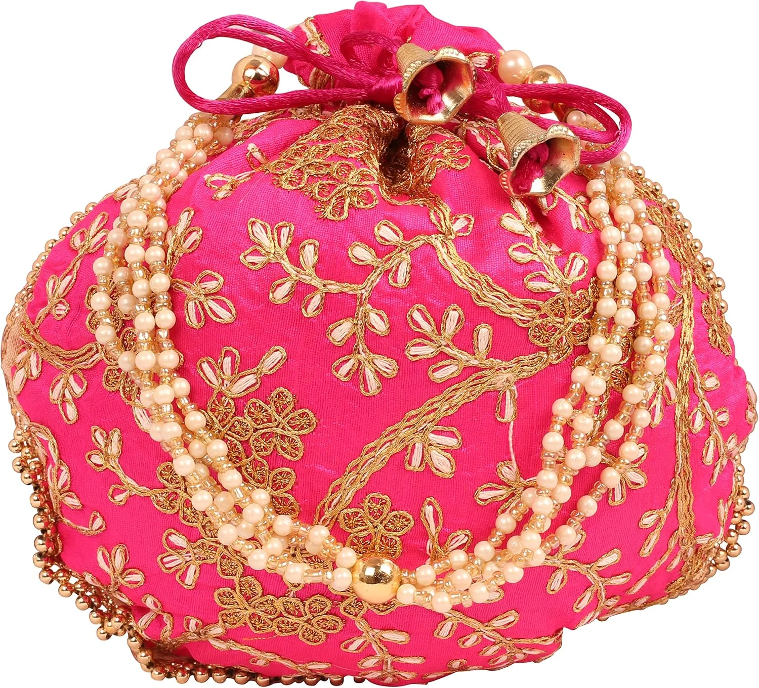 کیف دستی مجلسی زنانه با گلدوزی دستی و منجوق دوزی، مناسب مهمانی، عروسی، هدیه، رنگ صورتی سرخابی، طلایی و مروارید