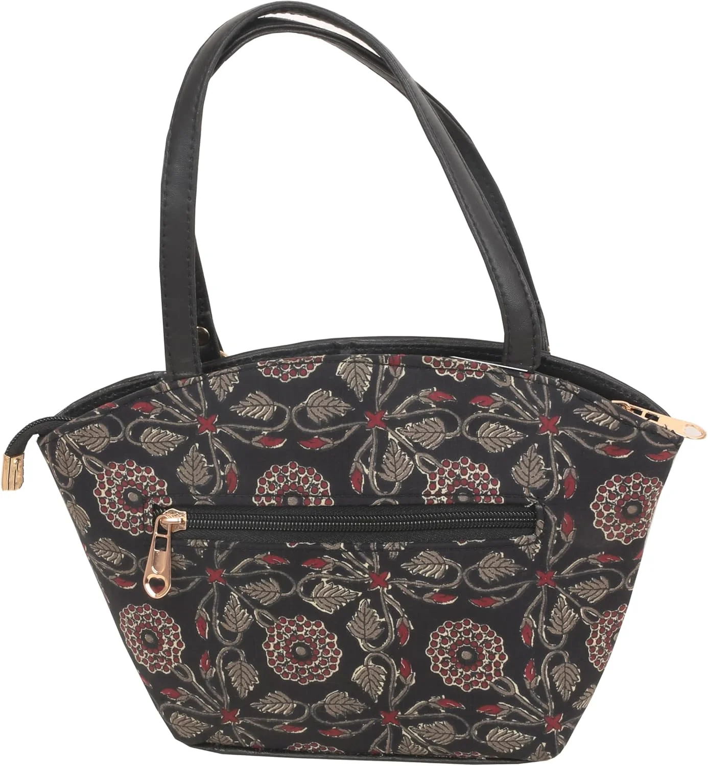 کیف دستی زنانه چرم مصنوعی وگان، کیف سازمان دهنده، دست ساز هندی، پارچه نخی با چاپ دستی آجراخ، طرح گلدار، رنگ مشکی، قهوه ای، قرمز