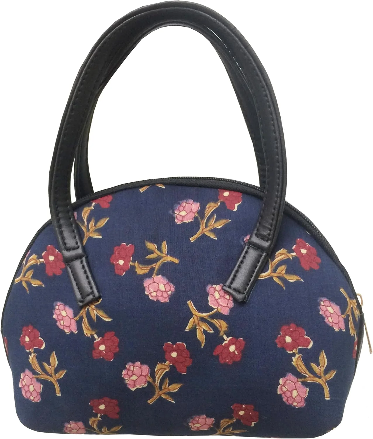 کیف دستی زنانه چرم مصنوعی وگان، کیف سازمان دهنده، دست ساز هندی، چاپ دستی آجراکی، پارچه نخی با طرح گلدار در رنگ های آبی، صورتی و قرمز.