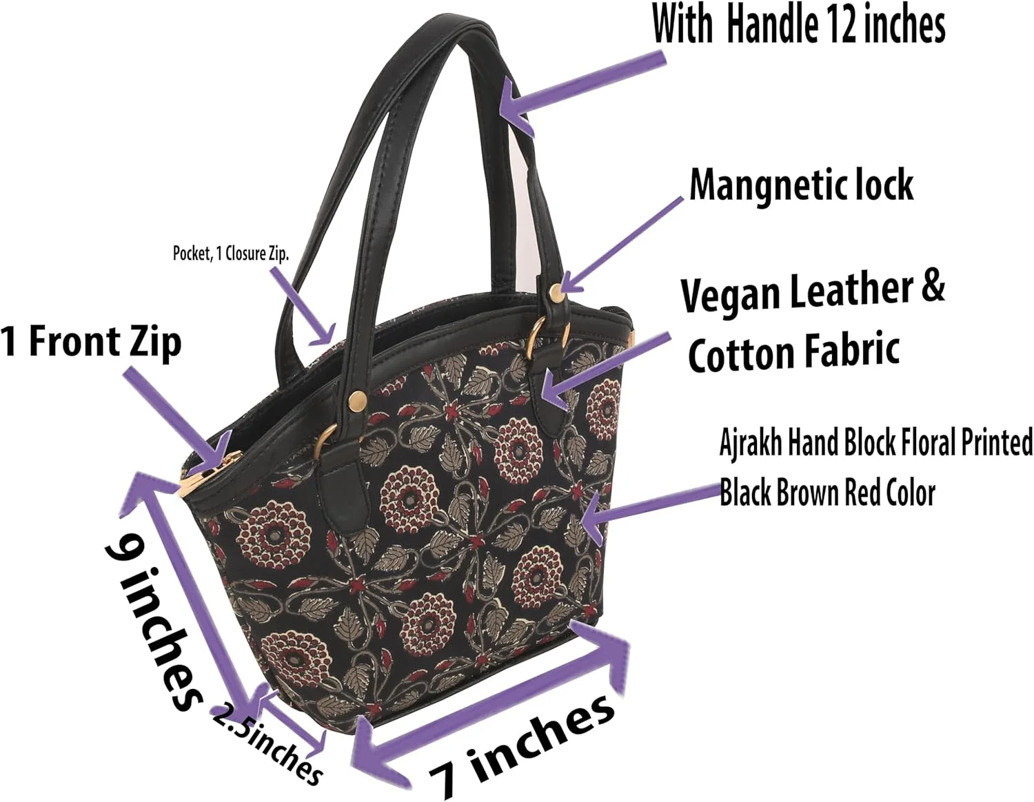 کیف دستی زنانه چرم مصنوعی وگان، کیف سازمان دهنده، دست ساز هندی، پارچه نخی با چاپ دستی آجراخ، طرح گلدار، رنگ مشکی، قهوه ای، قرمز