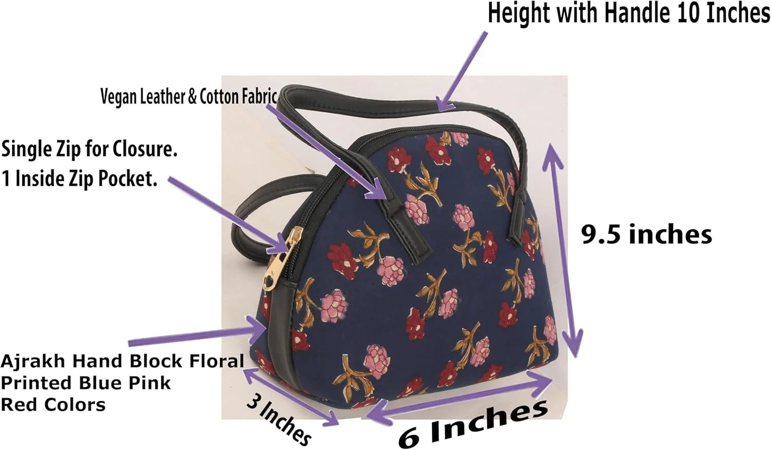 کیف دستی زنانه چرم مصنوعی وگان، کیف سازمان دهنده، دست ساز هندی، چاپ دستی آجراکی، پارچه نخی با طرح گلدار در رنگ های آبی، صورتی و قرمز.